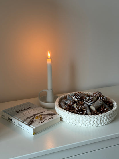 SALVA Tray — Milk | Handmade Round Crochet Tray with Wooden Base