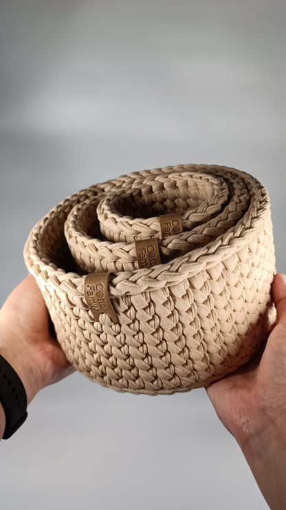 CLASSIC Set — Warm Sand | Handmade Round Crochet Storage Baskets (Set of 3)