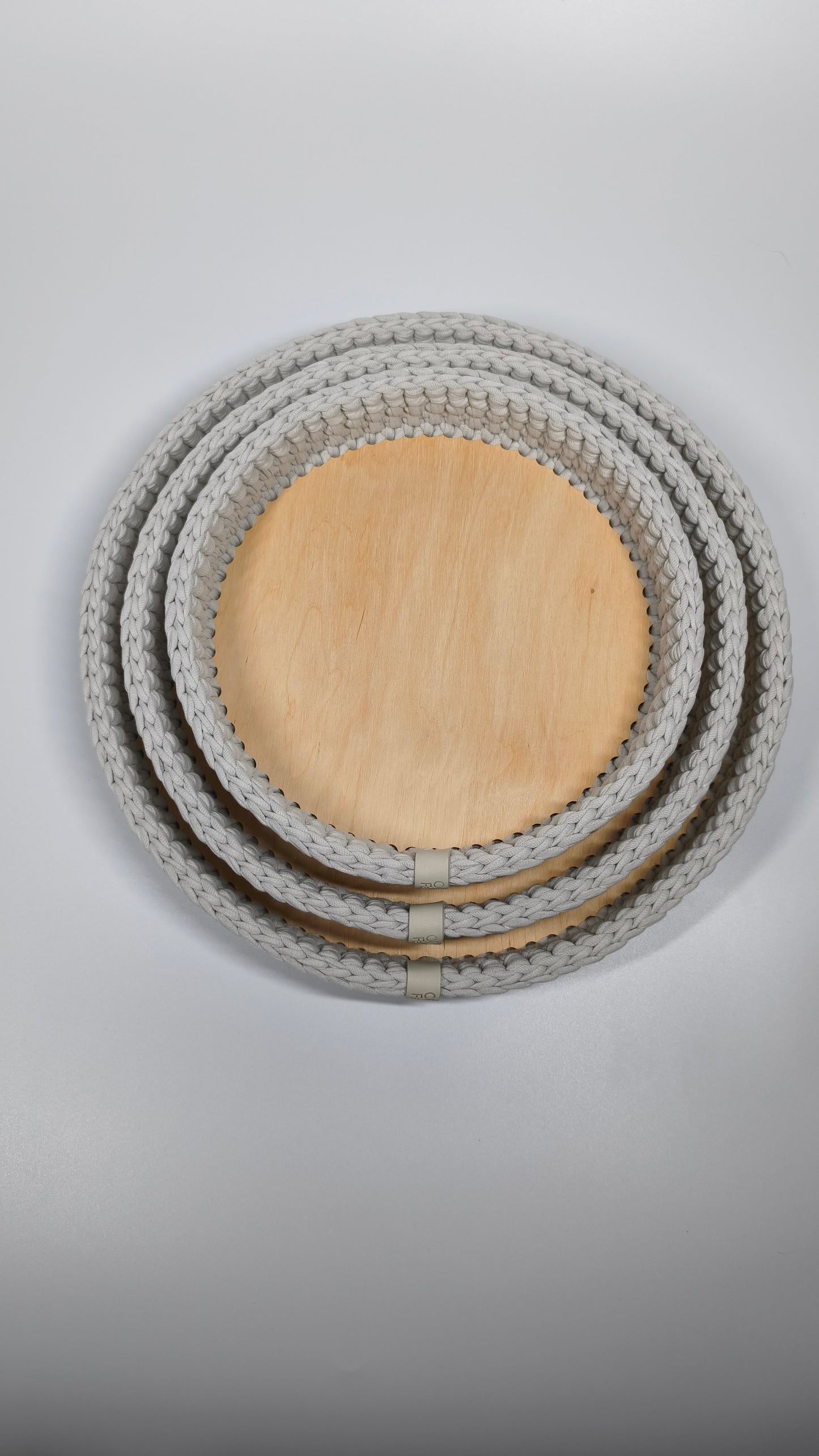 SALVA Tray — Stone | Handmade Round Crochet Tray with Wooden Base