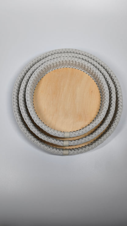 SALVA Tray — Stone | Handmade Round Crochet Tray with Wooden Base