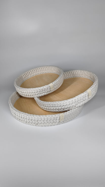 SALVA Tray — Stone | Handmade Round Crochet Tray with Wooden Base