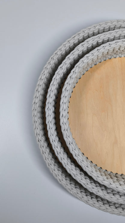 SALVA Tray — Stone | Handmade Round Crochet Tray with Wooden Base