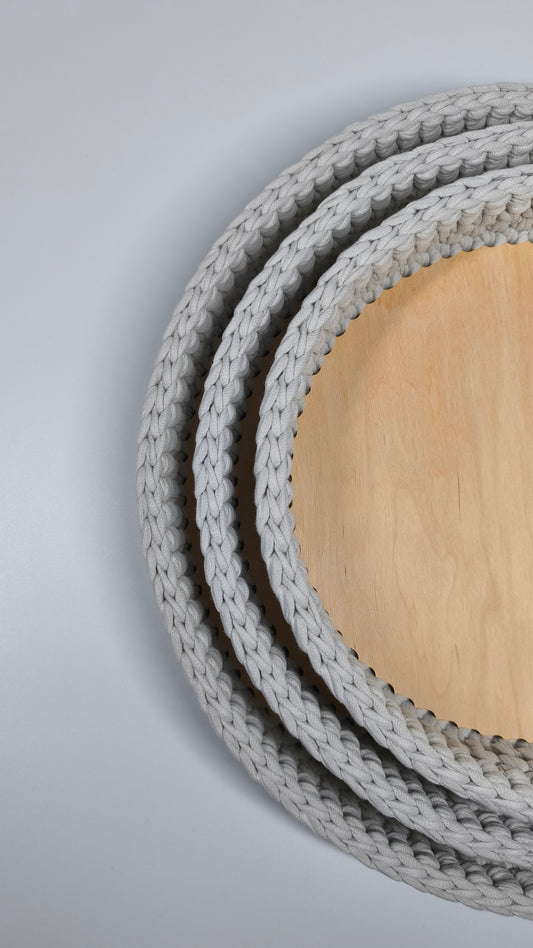 SALVA Tray — Stone | Handmade Round Crochet Tray with Wooden Base