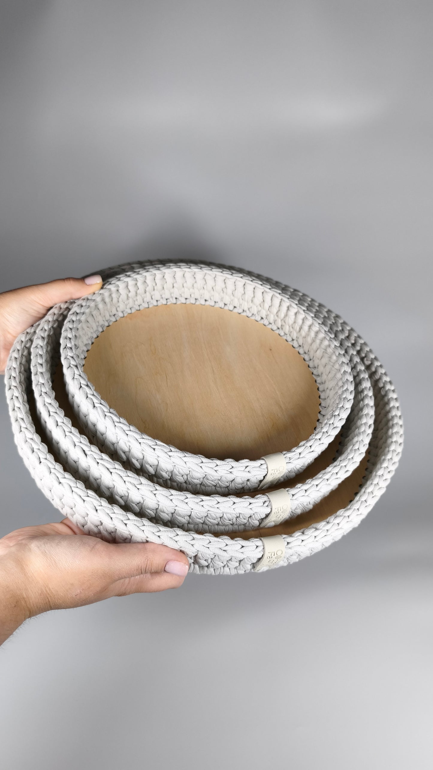 SALVA Tray — Stone | Handmade Round Crochet Tray with Wooden Base