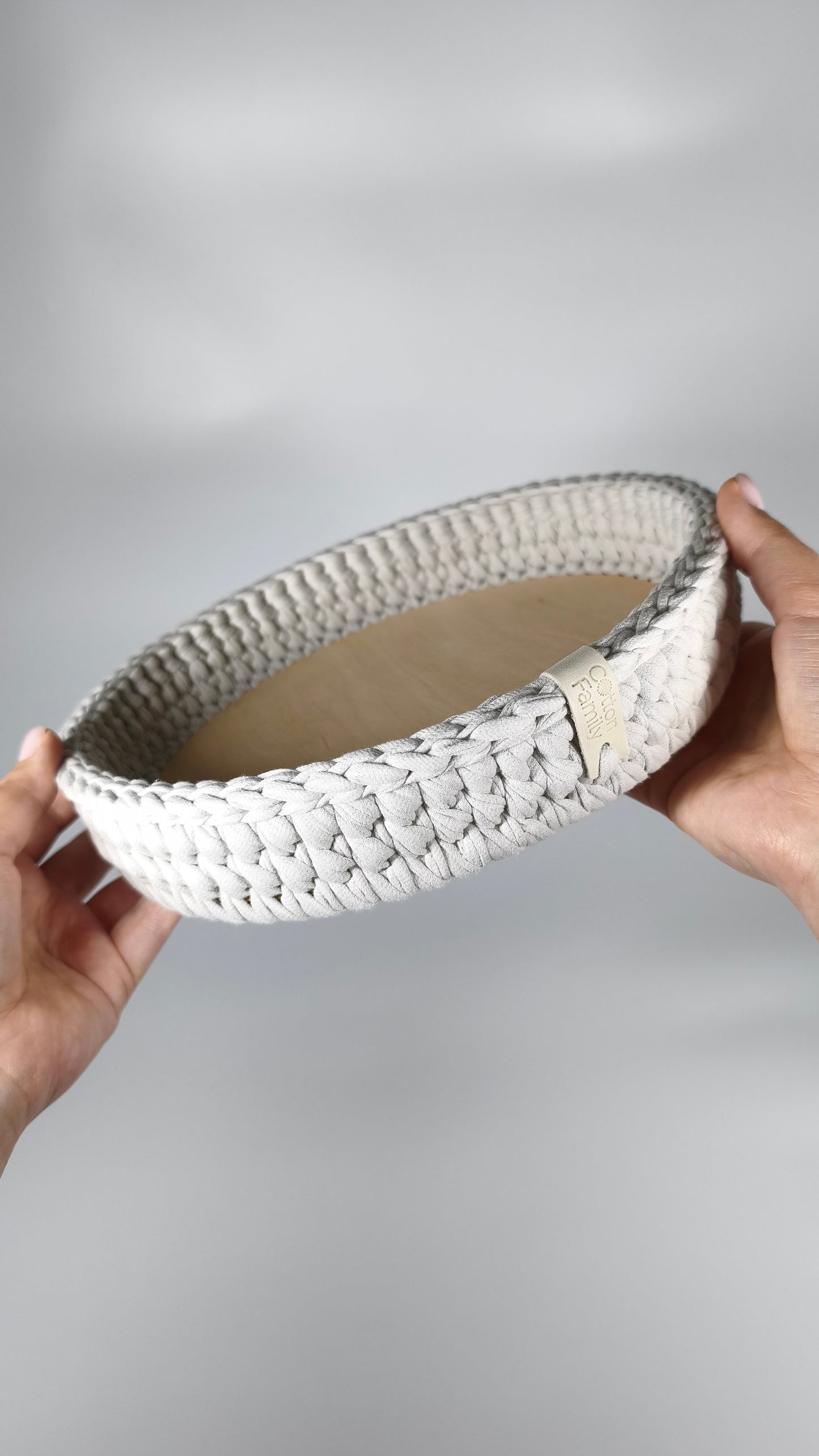 SALVA Tray — Stone | Handmade Round Crochet Tray with Wooden Base