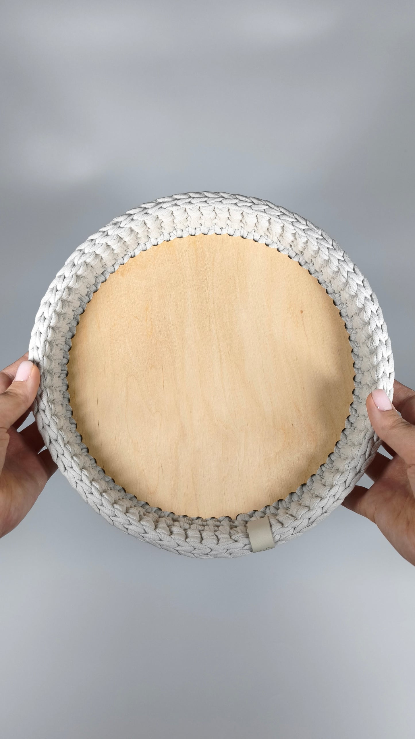 SALVA Tray — Stone | Handmade Round Crochet Tray with Wooden Base