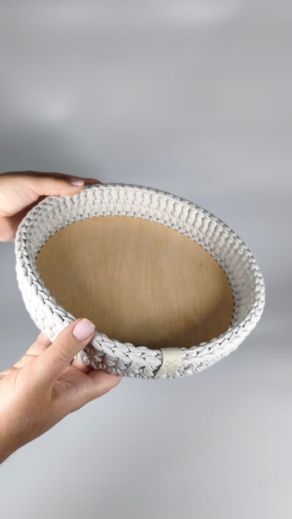 SALVA Tray — Stone | Handmade Round Crochet Tray with Wooden Base