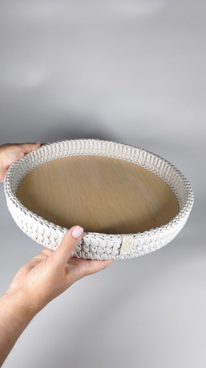 SALVA Tray — Stone | Handmade Round Crochet Tray with Wooden Base