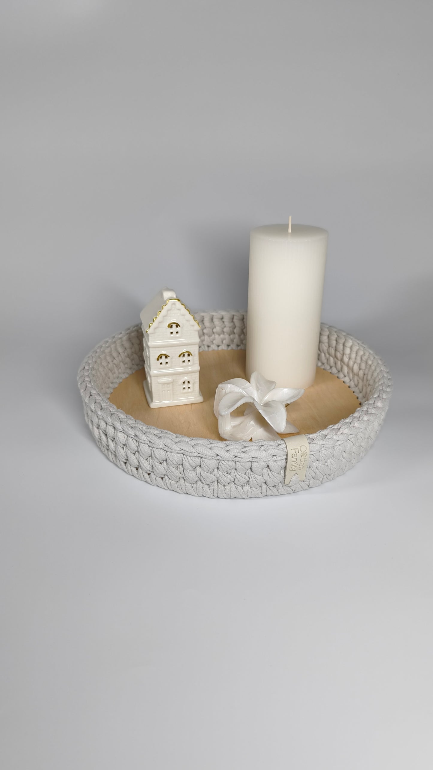 SALVA Tray — Stone | Handmade Round Crochet Tray with Wooden Base