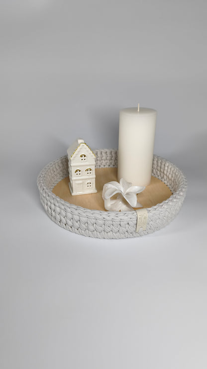 SALVA Tray — Stone | Handmade Round Crochet Tray with Wooden Base