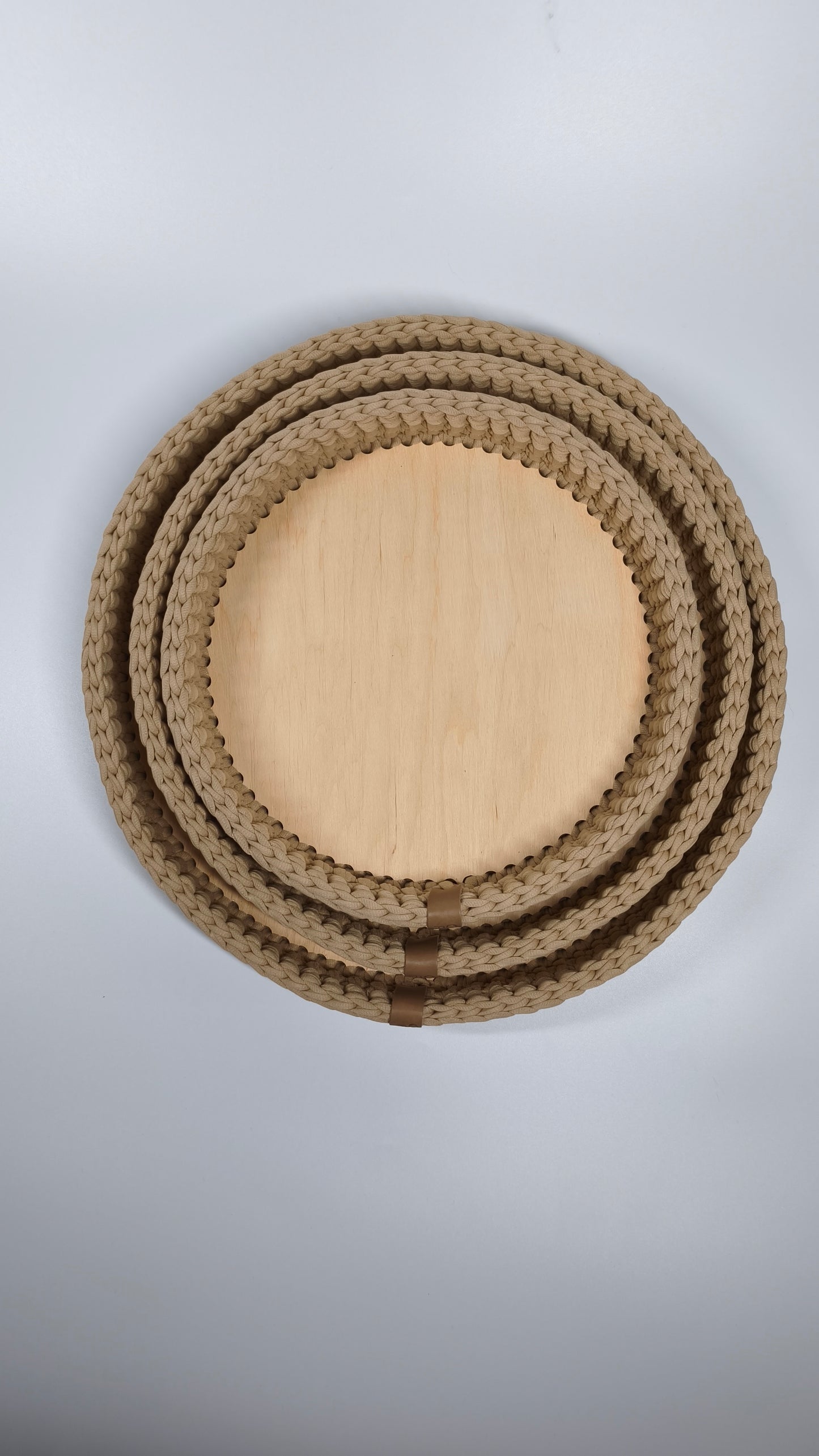 SALVA Tray — Warm Sand | Handmade Round Crochet Tray with Wooden Base