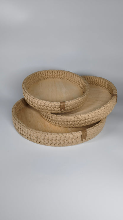 SALVA Tray — Warm Sand | Handmade Round Crochet Tray with Wooden Base