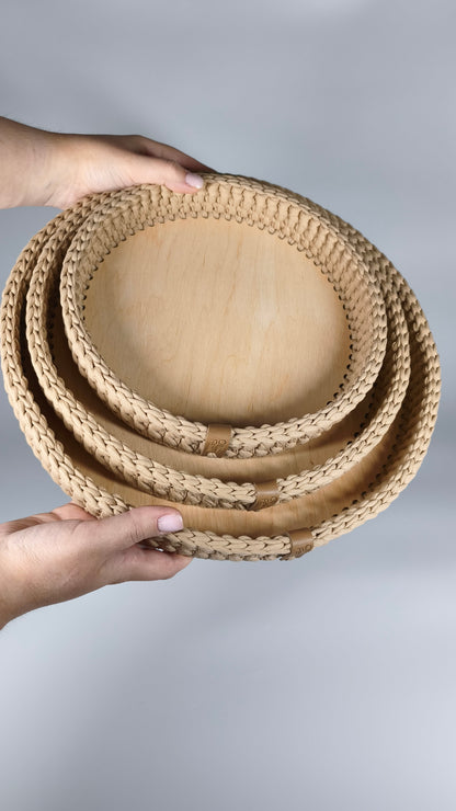 SALVA Tray — Warm Sand | Handmade Round Crochet Tray with Wooden Base