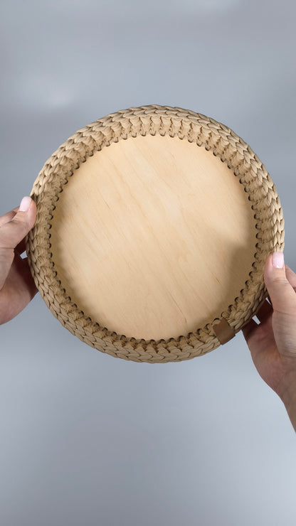 SALVA Tray — Warm Sand | Handmade Round Crochet Tray with Wooden Base