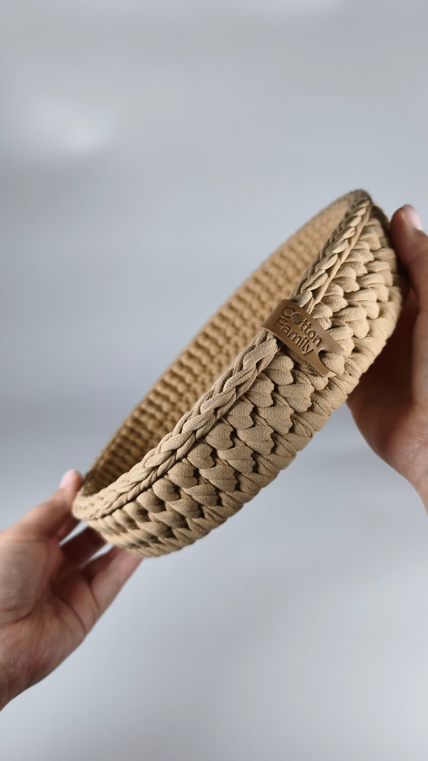 SALVA Tray — Warm Sand | Handmade Round Crochet Tray with Wooden Base