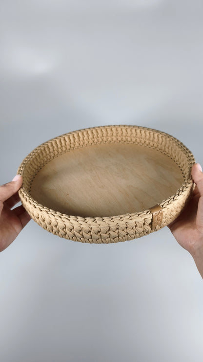SALVA Tray — Warm Sand | Handmade Round Crochet Tray with Wooden Base