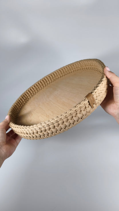 SALVA Tray — Warm Sand | Handmade Round Crochet Tray with Wooden Base