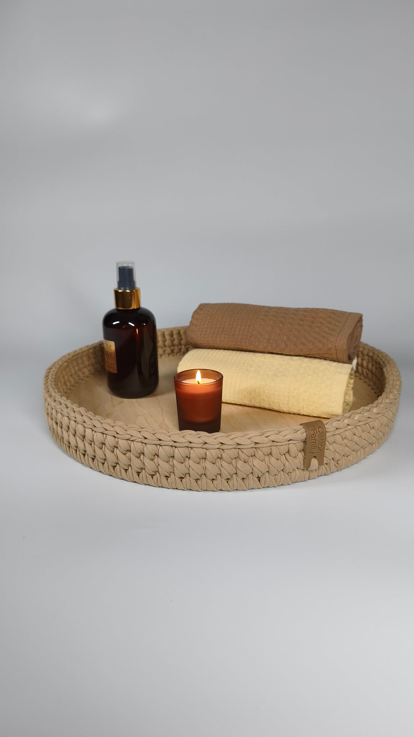 SALVA Tray — Warm Sand | Handmade Round Crochet Tray with Wooden Base