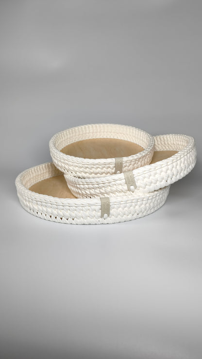SALVA Tray — Milk | Handmade Round Crochet Tray with Wooden Base