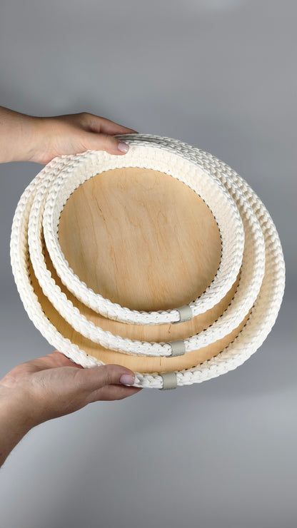 SALVA Tray — Milk | Handmade Round Crochet Tray with Wooden Base