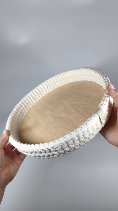 SALVA Tray — Milk | Handmade Round Crochet Tray with Wooden Base