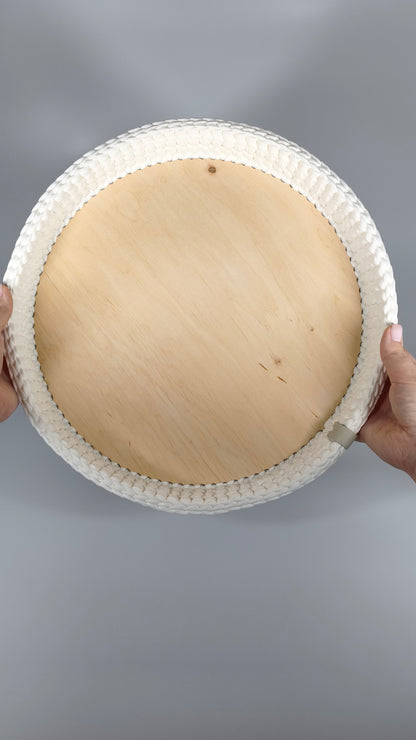 SALVA Tray — Milk | Handmade Round Crochet Tray with Wooden Base