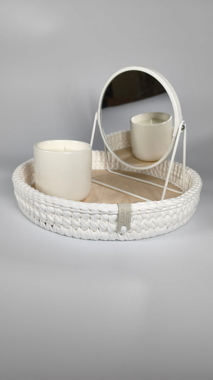 SALVA Tray — Milk | Handmade Round Crochet Tray with Wooden Base