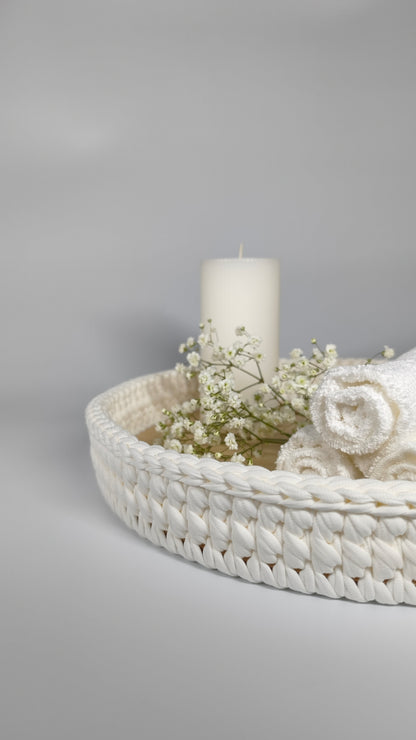 SALVA Tray — Milk | Handmade Round Crochet Tray with Wooden Base