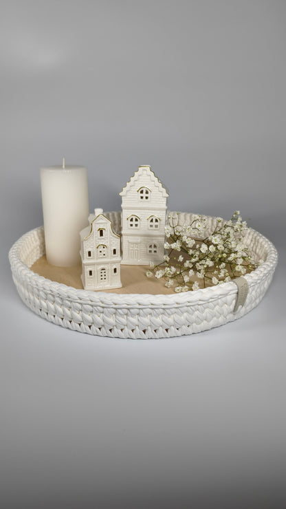 SALVA Tray — Milk | Handmade Round Crochet Tray with Wooden Base