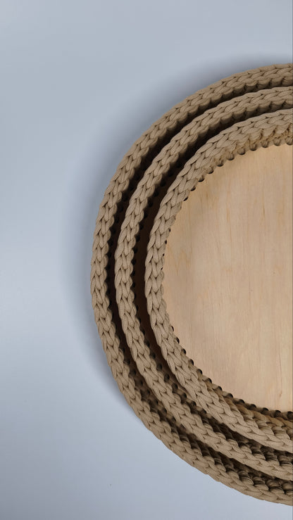 SALVA Tray — Warm Sand | Handmade Round Crochet Tray with Wooden Base