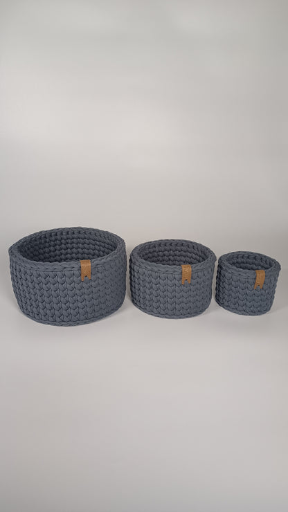 CLASSIC Set — Storm | Handmade Round Crochet Storage Baskets (Set of 3)
