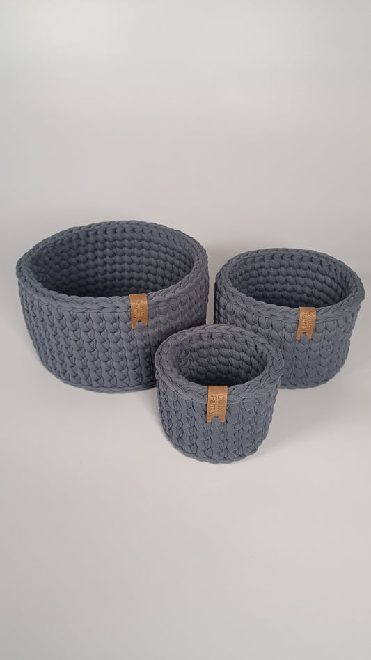 “CLASSIC” Set of 3 Round Crochet Organizer Baskets — Storm