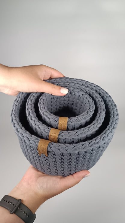 CLASSIC Set — Storm | Handmade Round Crochet Storage Baskets (Set of 3)