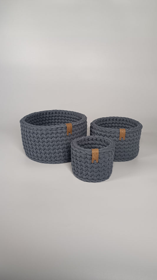 CLASSIC Set — Storm | Handmade Round Crochet Storage Baskets (Set of 3)