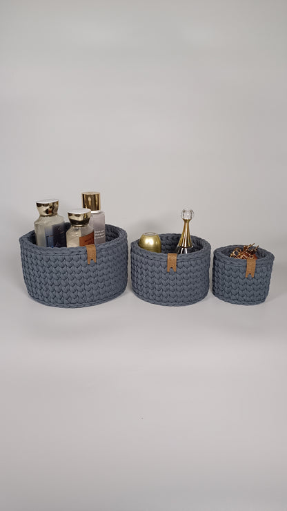 “CLASSIC” Set of 3 Round Crochet Organizer Baskets — Storm
