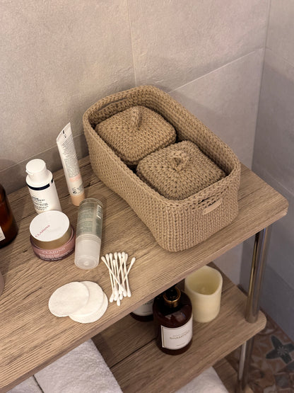 QUAD BOX Bathroom Storage Set — Sandy | Handmade Cotton-Cord Organizers with Lids