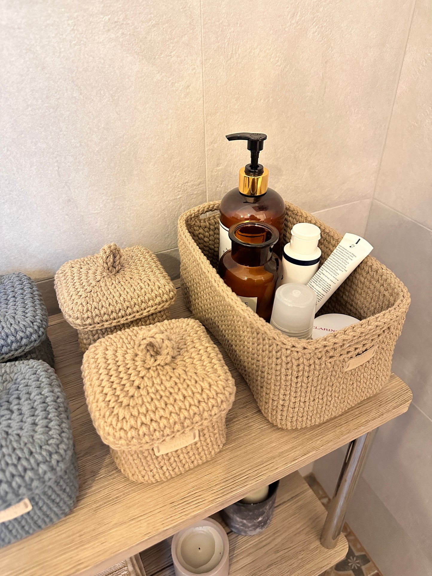 QUAD BOX Bathroom Storage Set — Sandy | Handmade Cotton-Cord Organizers with Lids