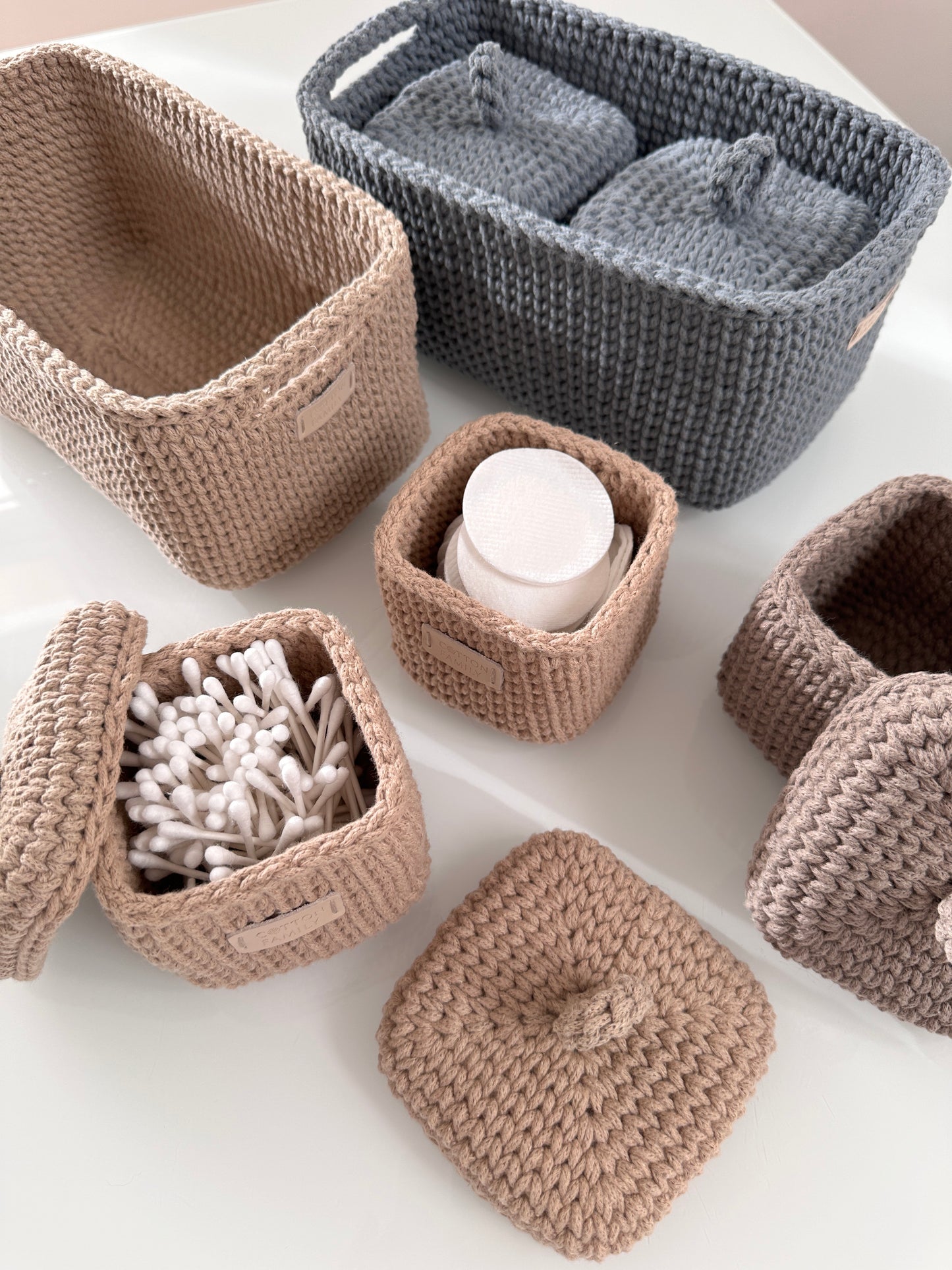 QUAD BOX Bathroom Storage Set — Sandy | Handmade Cotton-Cord Organizers with Lids