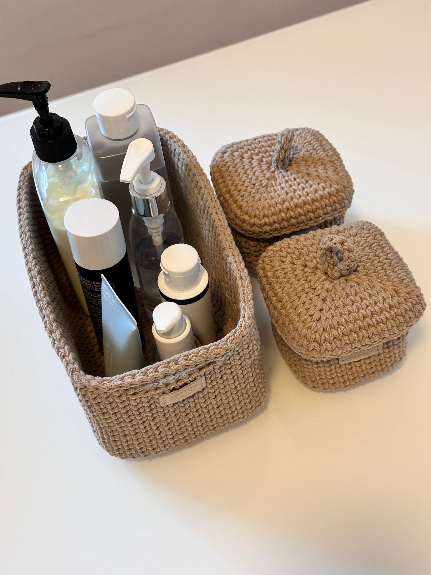 QUAD BOX Bathroom Storage Set — Sandy | Handmade Cotton-Cord Organizers with Lids
