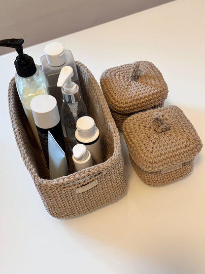 QUAD BOX Bathroom Storage Set — Sandy | Handmade Cotton-Cord Organizers with Lids