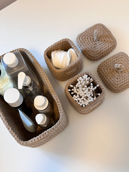 QUAD BOX Bathroom Storage Set — Sandy | Handmade Cotton-Cord Organizers with Lids