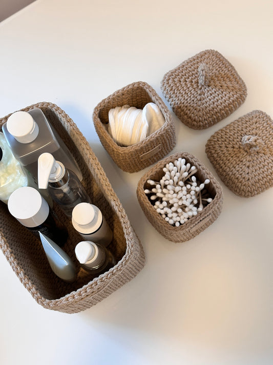 QUAD BOX Bathroom Storage Set — Sandy | Handmade Cotton-Cord Organizers with Lids