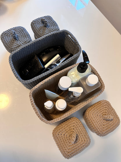 QUAD BOX Bathroom Storage Set — Sandy | Handmade Cotton-Cord Organizers with Lids