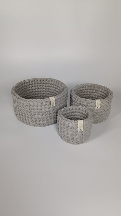 CLASSIC Set — Warm Gray | Handmade Round Crochet Storage Baskets (Set of 3)