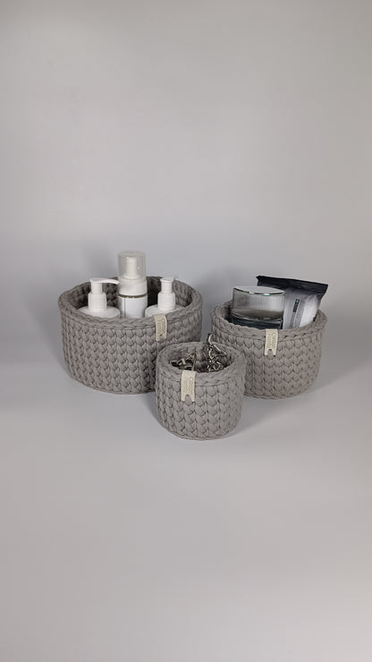 CLASSIC Set — Warm Gray | Handmade Round Crochet Storage Baskets (Set of 3)