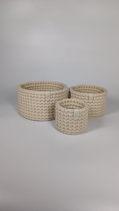 CLASSIC Set — Beige Powder | Handmade Round Crochet Storage Baskets (Set of 3)