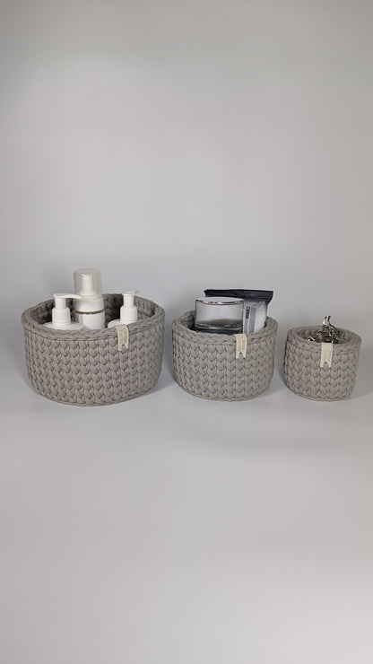 CLASSIC Set — Warm Gray | Handmade Round Crochet Storage Baskets (Set of 3)