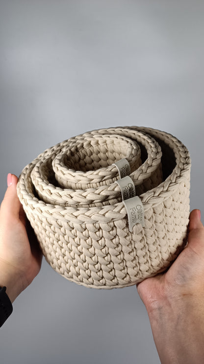 CLASSIC Set — Beige Powder | Handmade Round Crochet Storage Baskets (Set of 3)