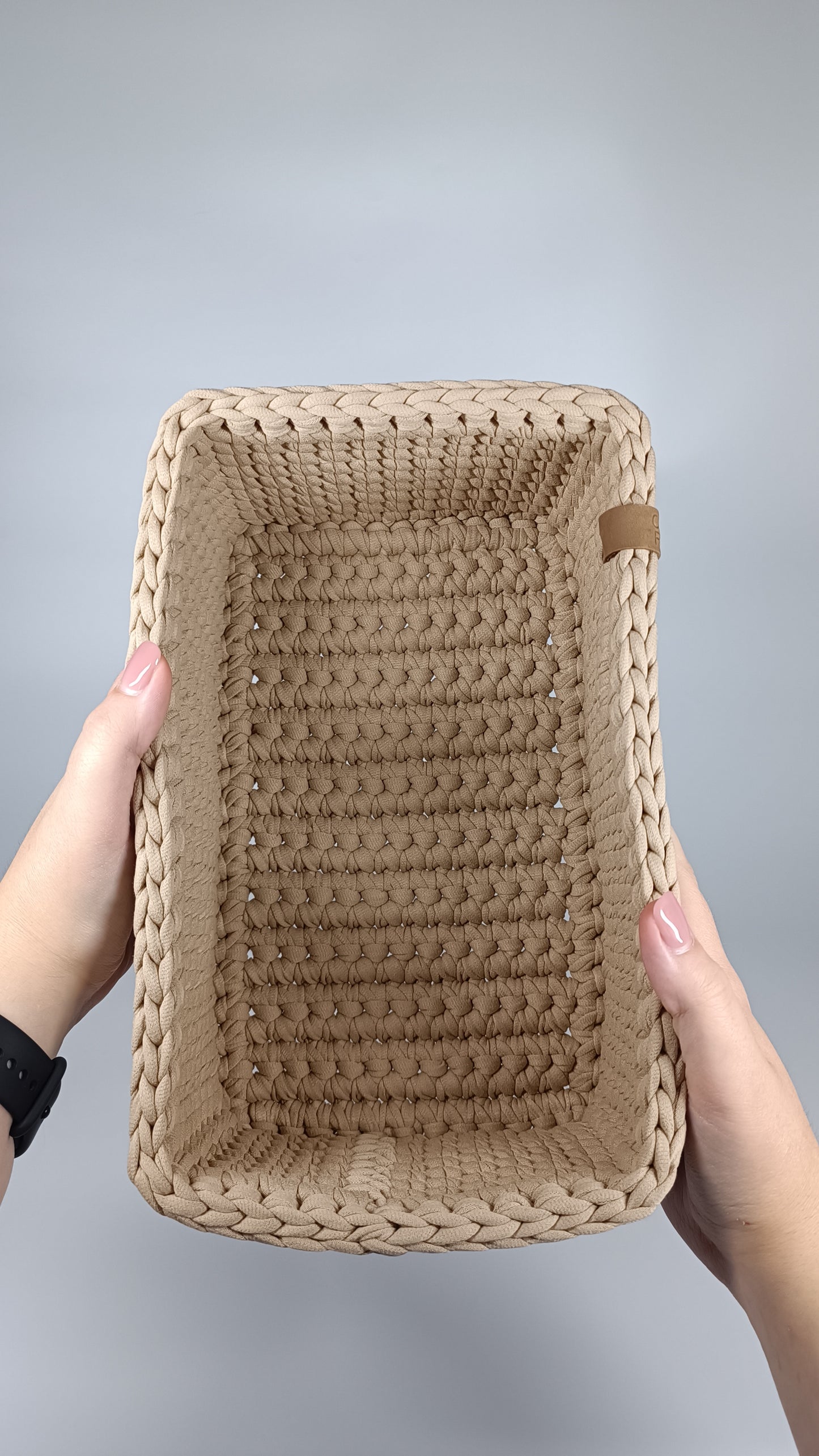 RECTO Basket — Warm Sand | Handmade Crochet Organizer with Knitted Bottom