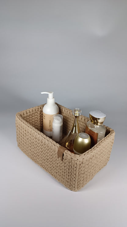 RECTO Basket — Warm Sand | Handmade Crochet Organizer with Knitted Bottom